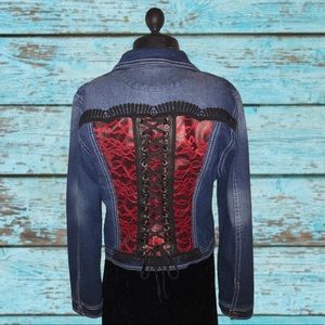 CUSTOM Faux Leather Red Lace Corset Denim Jacket